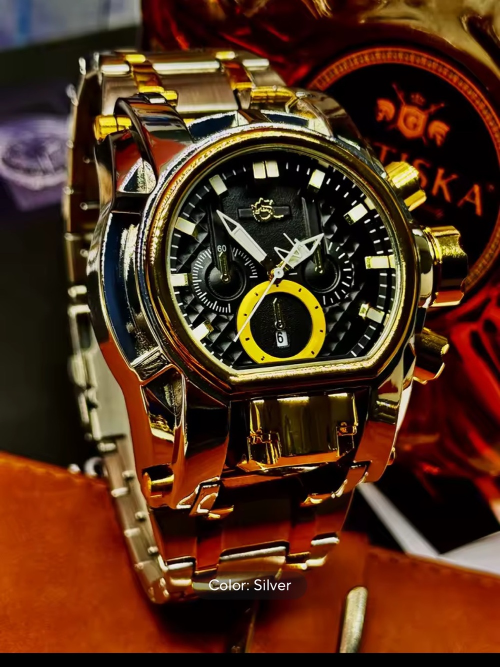 Mens Bolt style Silver&Gold toned Chronograph style Watch with Black&Yellow Dial